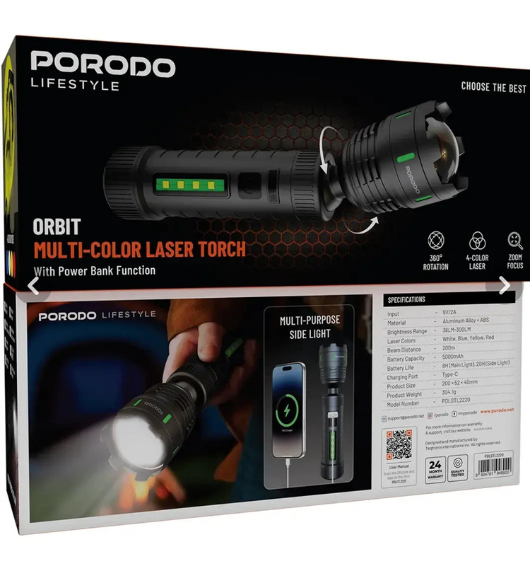 چراغ قوه لیزری چندرنگ Porodo Orbit با پاوربانک ۵۰۰۰mAh و چرخش ۳۶۰
