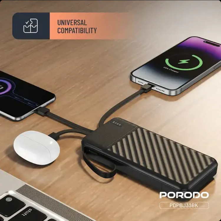پاوربانک 10000 هزار 10 وات پیانو پرودو مدل Porodo Piano 10000mAh 10w PDPBJ33BK
