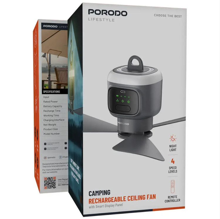 پنکه سقفی قابل حمل و شارژی کمپینگ پرودو با باتری 12000mAh و نور LED | PDRSF12KGY